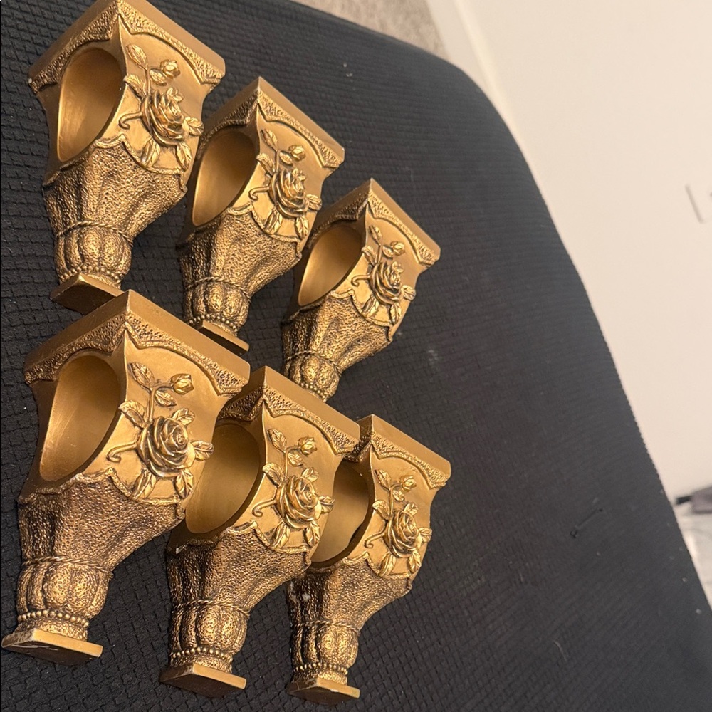 Vintage Gold Curtain Rod Wall Brackets – Ornate Floral (Set of 6)
